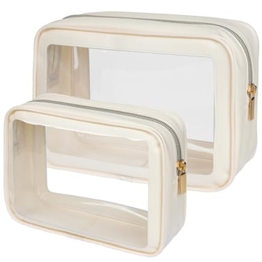 PACKISM 2 Pack Clear Makeup Bag Set 1 Large 1 Medium Foldable TSA Approved Toiletry Bag for Carryon Checked Luggage Water Resistant Car Storage Organizer Beige