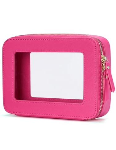 Popvibe Clear Makeup Bag Travel Cosmetic Case Transparent Toiletry Bag with Zipper Portable Make Up Organizer Traveling Compact Car Bag for Essentials Hotpink Medium