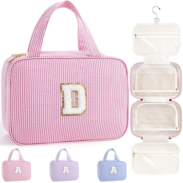 TOPEAST Travel Toiletry Bag for Women Hanging Toiletry Bag Large Capacity Personalized Makeup Pouch Travel Essentials Letter D Pink