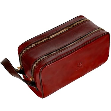Time Resistance Leather Cosmetic Bag Italian Toiletry Dopp Kit Red