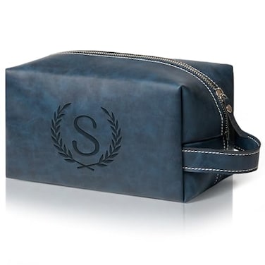 Aganmi Personalized Gifts Travel Toiletry Bag for Men Engraved Initial PU Leather Waterproof Shaving Bag for Toiletries Accessories Fathers Day Birthday Gift for Men Dad Husband Son Dark Blue S