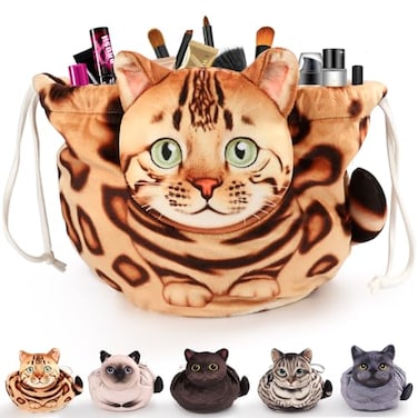 Openhahaha Openhaha Drawstring Travel Organizer Cosmetic Pouch Cat Gift Lay Flat Makeup Bag Gifts for Cat Lovers