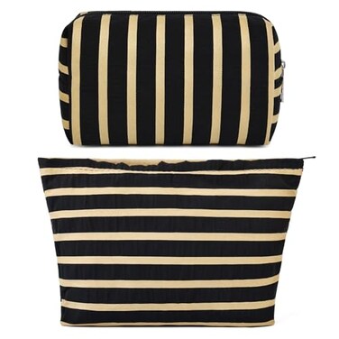 SOIDRAM 2 Pieces Makeup Bag Large Stripe Cosmetic Bag Capacity Canvas Mix Travel Toiletry Bag Organizer Cute Makeup Brushes Aesthetic Accessories Storage Bag for Women Stripe Mix Black