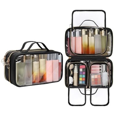 OCHEAL Travel Toiletry Bag Double Layer Clear Makeup Bag Organizer Large Capacity Cosmetic Bag for Traveling Women Beauty Essentials Multiple Compartments Makeup Case Black