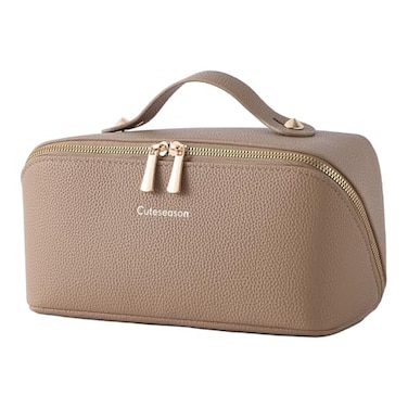 Cuteseason PU Leather Makeup Bag for Women Structured Makeup Case with Wide Opening Travel Cosmetic Bag with Compartments and Handle WaterResistant Makeup OrganizerKhaki Lychee Grain