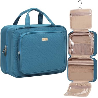 NISHEL Travel Toiletry Bag for Women Makeup Essentials Organizer Hanging Case for Accessories Cosmetics Large Size LakeBlue
