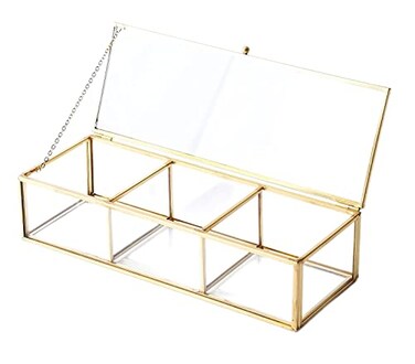 Utopz Vintage Golden Glass Lidded Box Clear Glass Brass Metal Storage Jewelry and Cosmetic Makeup Organizer with Lid Beauty Display Rectangle with 3 Compartment