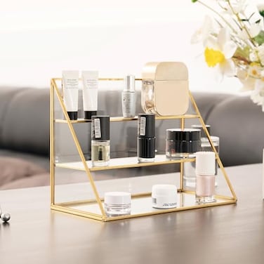 FSyueyun Gold Makeup Organizer Case Vanity 3 Layers Glass Makeup Storage Cosmetics Organizer Earring Ring Holder Display Case