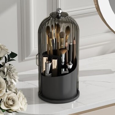 GAXmi Makeup Brush Holder with Lid Cosmetic Tools Organizer 360 Rotating Waterproof Dustproof Beauty Brushes Storage for Vanity BlackGrey