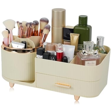 Zufudo Makeup Organizer Countertop with Drawer 360 Rotating Brush Holder Storage Large Capacity Skincare Cosmetic Display Cases for Vanity Bathroom Desktop Model 3016 Cream