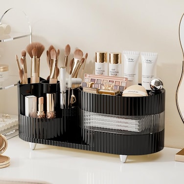 COMFYROOM Rotating Vanity Organizer with Brush Holder and Drawer 3 Layer Cosmetic Skincare Storage Large Countertop Makeup Perfume Lotions Display Case Black