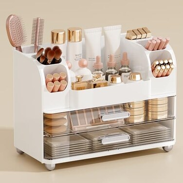 UFORU Makeup Organizer for Vanity with 2 Large Drawers Cosmetic Display Case with Brush Holders Easy to Storage for Bathroom Countertop Skincare Perfume White