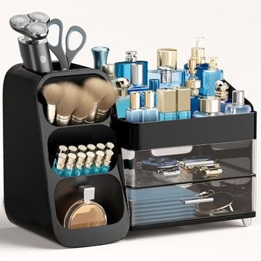HBlife Cologne Organizer for Men Makeup Organizer with Brush Holder for Vanity Large Plastic Bathroom Countertop Organizer Skin Care Storage Fathers Day Gift for Dad Husband Black