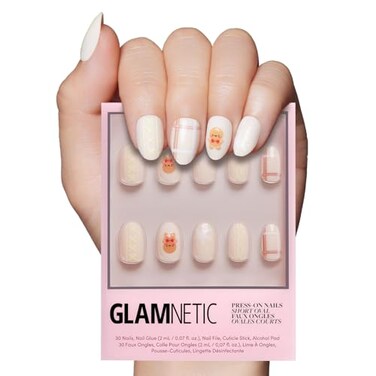 Glamnetic Press On Nails Gingerbread Knit Short Oval Fake Nails with 3D Gingerbread Sweater Design Glossy Matte Finish Salon Quality Holiday Nails 15 Sizes 30 Nail Kit