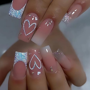 SINSEN Square Press On Nails Medium Length French Tip Heart Design Glossy Pink Fake Nails with Adhesive Glue Stickers Reusable Stick On Nails in 12 Sizes 24 Pcs Medium French Nails