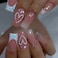 SINSEN Square Press On Nails Medium Length French Tip Heart Design Glossy Pink Fake Nails with Adhesive Glue Stickers Reusable Stick On Nails in 12 Sizes 24 Pcs Medium French Nails
