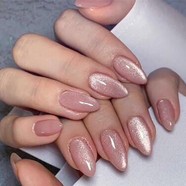 CTTHNBD Almond Press on Nails Medium Pink Fake Nails with Glitter Design Glossy False Nails Full Cove Stick on for Women 24 Pcs