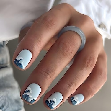 Puyokinm Press on Nails Short Square Fake Nails Summer False Nails Ocean Sea Wave Design Acrylic Stick on Nails Blue Glossy Glue on Nails Artificial Nails for Women 24pcs