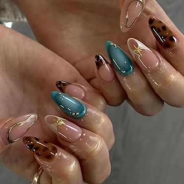 ASABITE 24Pcs Medium Almond Press on Nails French Tip Fake Nails with Brown Leopard Gold Line Design Glossy Reusable False Nail Artificial Acrylic Nails Press ons Holiday Stick on Nails for Women DIY