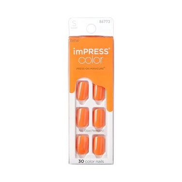 Impress Color Press On Nails Sweet Mango Solid Orange Short Squoval PureFit Technology Patented Super Hold Adhesive Chip Proof Smudge Proof Mini Nail File Manicure Stick 30 Fake Nails