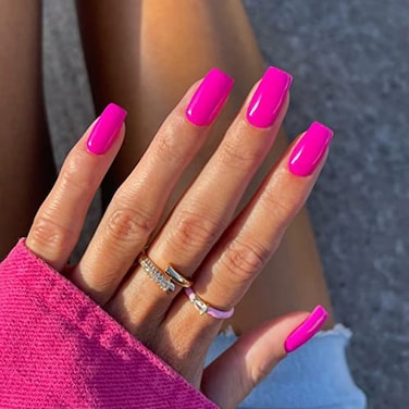 XCREANDO Hot Pink Nails Press ons Neon Pink Press on Nails Medium Square Glue on Nails Medium Length Short Acrylic Glue on Medium Coffin Fake Nails False Nails for Women Solid Color Gel Nails 24Pcs