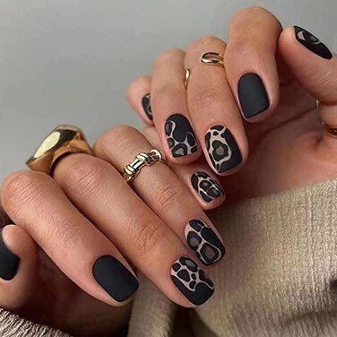 Vezocim Press on Nails Short with Leopard Designs 24Pcs Full Cover Reusable False Nails with Glue Artificial Square Fingernails Acrylic Fake Nails for Women Girls Stick on Nails with Charm Decorations
