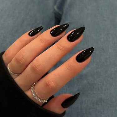 KQueenest 48 Pcs Black Press on Nails Almond Medium Length Press on Black Nails Solid Color Medium Fake Nails Acrylic Stiletto Nails Glue on LongLasting Gel Stick on Nails for Women Gift