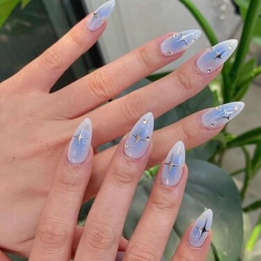 MERVF Almond Press on Nails Medium Fake Nails Blue Gradient Stiletto Acrylic with Star Rhinestones Design Glue ons Glossy Aura False Nail 24pcs