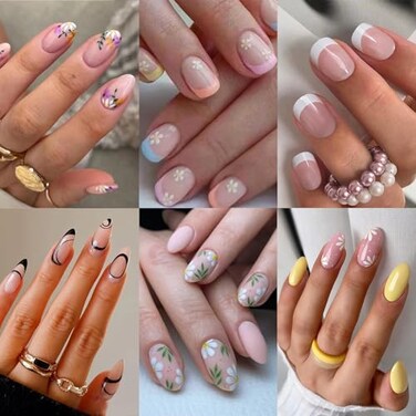 Jsiallye 6 Packs Press on Nails ShortFlower French Press on Nails Almond And OvalGlue on Nails in 12 Sizes 24 Fake Nails Kit Stick on Nails for Women
