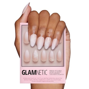 Glamnetic Press On Nails Snowdrift Opaque Gradient Ombre Snowflake Graphic Short Almond Fake Nails in a Matte Finish Salon Quality 15 Sizes 30 Nail Kit