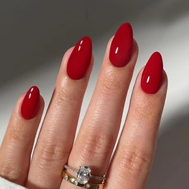 Sevgob Red Press on Nails Medium Almond Fake Nails Solid Red Color False Nails Reusable Glossy Artificial Acrylic Nail Press ons Christmas Nail for Women Daily Wear Manicure 24pcs