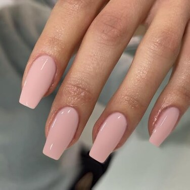 KQueenest Light Pink Press on Nails Long Medium Sheer Pastel Pink Fake Nails Press ons Glossy Soft Gel Glue on Nails Medium Coffin Reusable Opaque Square Tip Stick on Nail for Women 24 Pcs
