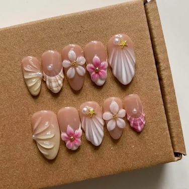 MAGLFELL Salon Press On Nails 3D Almond Handmade Unique French Fake Nails Thick Acrylic and MutiLayer Gel False Nails Reusable Gel Cured Durable press ons Size S