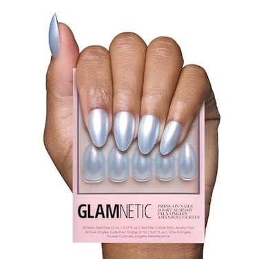 Glamnetic Press On Nails Something Blue Short Almond Fake Nails Baby Blue with a Glossy Glazed Finish Salon Quality 15 Sizes 30 Nail Kit with Glue