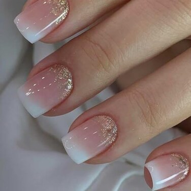 Foccna Square Ombre Press on Nails Soft Gel Press on Nails Short Pink Fake Nails Square Bling Glossy False Nail Tips Artificial Nails for Women and Girls24pcs