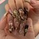 SEENEEY Long Press on Nails Almond Fake Nails Brown False Nails Flowers Artificial Nails with Gold Charm Designs Summer Handmade Nails 3D Floral Stick on Nails for Women 24pcs