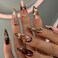 SEENEEY Long Press on Nails Almond Fake Nails Brown False Nails Flowers Artificial Nails with Gold Charm Designs Summer Handmade Nails 3D Floral Stick on Nails for Women 24pcs
