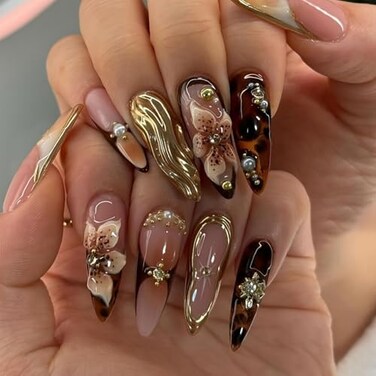 SEENEEY Long Press on Nails Almond Fake Nails Brown False Nails Flowers Artificial Nails with Gold Charm Designs Summer Handmade Nails 3D Floral Stick on Nails for Women 24pcs