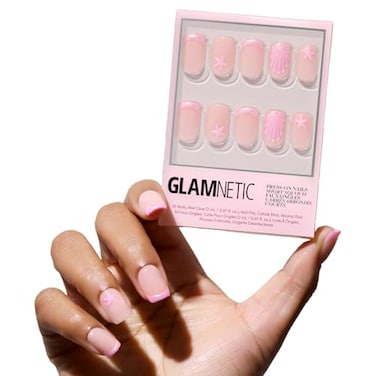 Glamnetic Press On Nails Blush Dunes Short Squoval Fake Nails with Pink French Tips and 3D Accents Salon Quality Summer Nails 15 Sizes 30 Nail Kit with Glue
