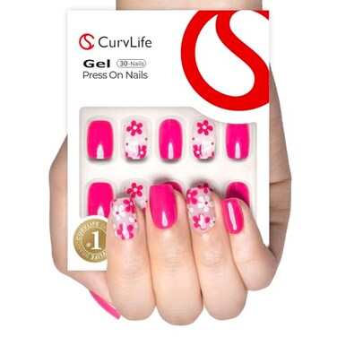 Curvlife Soft GelPress on Nails 30Pcs 15 Sizes Nail Tips Full Cover Pink Flower Short Design Reusable Gel Nails Kit with Glue and Adhesive Tabs