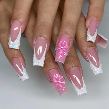 Foccna French Press on Nails Medium Long Pink Fake Nails Square Bling Glossy 3D Flower Design False Nail Tips Artificial Nails Finger Manicure for Women and Girls24pcs