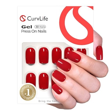 Curvlife Soft Gel Short Press on Nails Clear Red Oval Fake Nails Solid Glossy Christmas Design Full Cover 15 Sizes Gel Nails Women Reusable Nail Kit with Nail Glue Adhesive Tabs