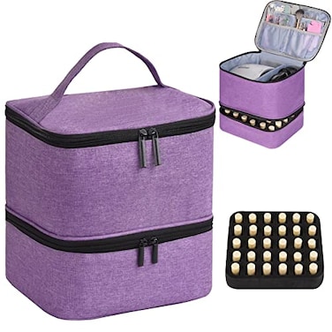 CTWWFS Nail Polish Organizer Holds 30 Bottles 15ml and 1 Nail Light Nail Polish Carrying Case with Storage Pockets for Manicure Tools Double Layer Nail Storage Travel Bag with Handle APurple