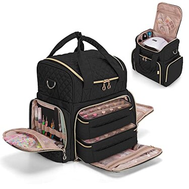 LUXJA Nail Polish Organizer Holds 48 Bottles and a Nail Lamp Nail Polish Case with 2 Removable Bags and Tools Storage Pockets Patent Pending Black