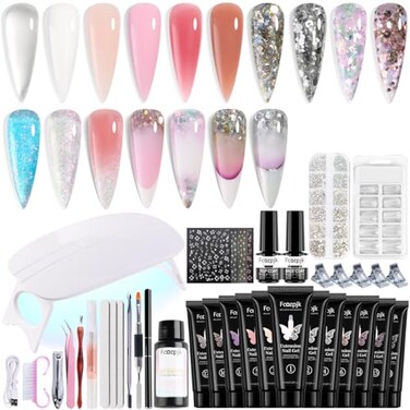 Fcozpjk Poly Nail Gel Kit with UV Light 12 Colors Clear Nude Pink Iridescent Glitter Extension Gel Builder Gel Starter Kit Base Top Coat Set Slip Solution Nail Gel Kit for Beginners with Everything