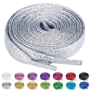 Olukssck 2 Pairs Flat Glitter Shiny Metallic Shoe Laces for Sneakers 25 Wide Sequin Athletic Shoelaces Silver 47 inch120cm