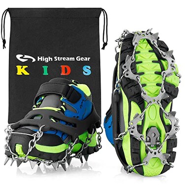High Stream Gear Kids Ice Cleats Snow Crampons for Hiking Boots Shoes with 14 Stainless Steel Spikes Anti Slip Traction Grips for Boys and Girls Snow Cleats for Hiking Walking Climbing Small Black
