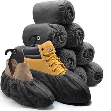 PedaShield 110 Premium Thick Extra Large Disposable Boot Shoe Covers XL Non Slip Black Booties Water Resistant Foot Protectors Construction Durable 42GSM for Indoors Outdoors US Men 13 Women 15