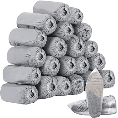 Tigeen 200 Pcs 100 Pairs Disposable Shoe Covers Non Woven Stretchable Boot Covers Non Slip Waterproof Shoe Protector for Women Men Fits Size 412 Booties Carpet Floor Gray