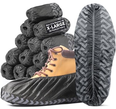 WENTONG XLarge 50 Pack Shoe Covers Disposable NonSlip Black NonWoven Fabric Boot Covers for Indoors Breathable Slip Resistant Durable Boot Stretchable Fits Up to Size 13 US Men Black 50 Pack